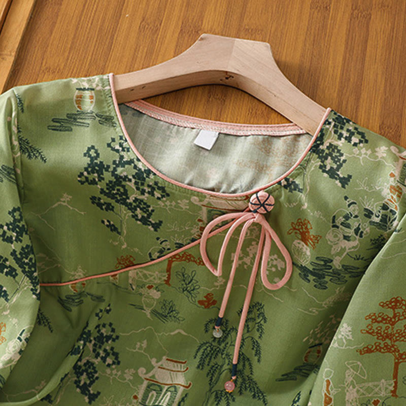 Nimara Ritual Summer Tang Style Frog Button Floral Pavilion Women's Elbow-Length Sleeve Shirts