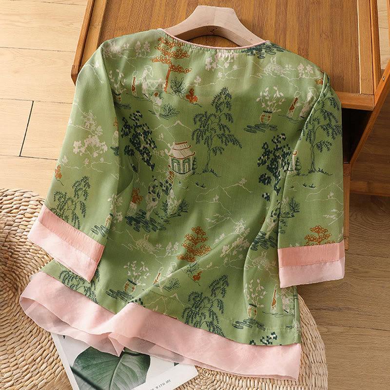 Nimara Ritual Summer Tang Style Frog Button Floral Pavilion Women's Elbow-Length Sleeve Shirts