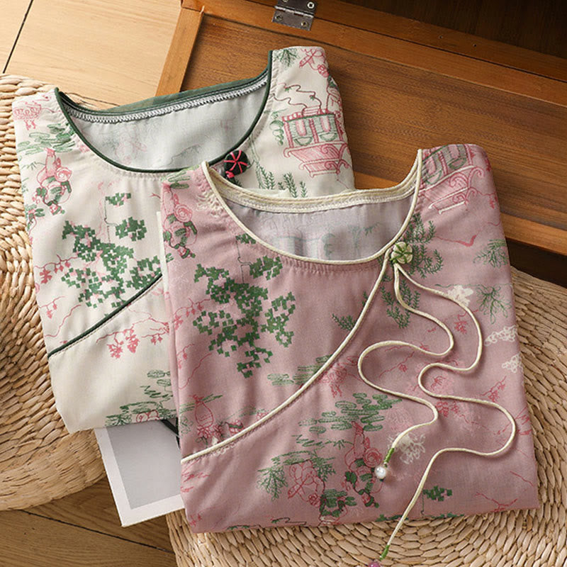 Nimara Ritual Summer Tang Style Frog Button Floral Pavilion Women's Elbow-Length Sleeve Shirts