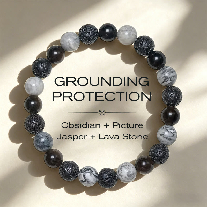 Support and Strength Black Obsidian Lava Rock Picasso Jasper Beads Bracelet