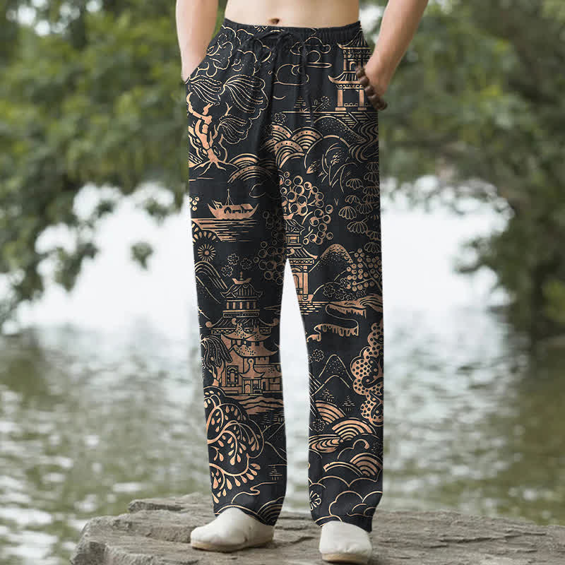 Nimara Ritual Cotton Oriental Landscape Pattern Men's Tapered Pants With Pockets