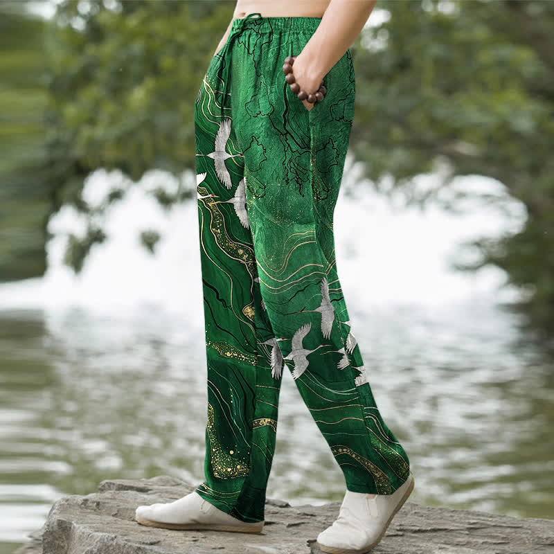 Nimara Ritual Cotton White Crane Wave Pattern Men's Tapered Pants With Pockets