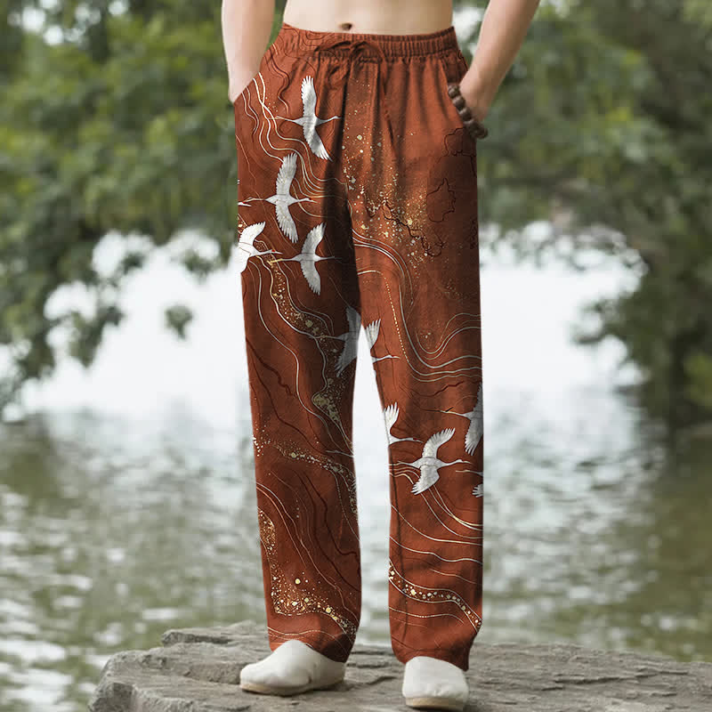 Nimara Ritual Cotton White Crane Wave Pattern Men's Tapered Pants With Pockets