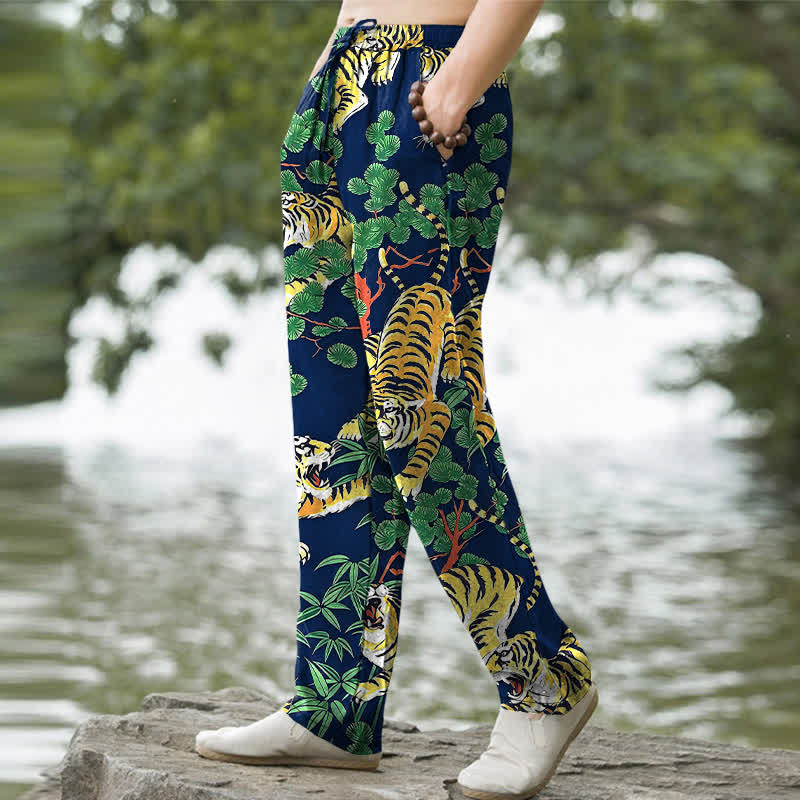 Nimara Ritual Cotton Tiger Jungle Pattern Men's Tapered Pants With Pockets
