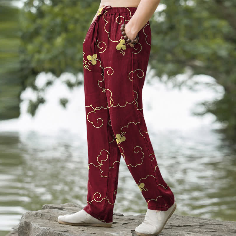 Nimara Ritual Cotton Golden Floral Cloud Pattern Men's Tapered Pants With Pockets