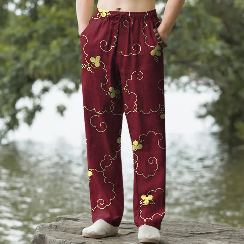 Nimara Ritual Cotton Golden Floral Cloud Pattern Men's Tapered Pants With Pockets