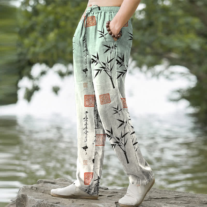 Nimara Ritual Cotton Ink Bamboo Pattern Men's Tapered Pants With Pockets