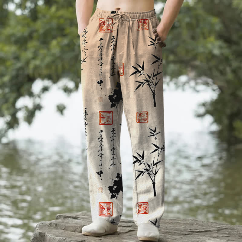 Nimara Ritual Cotton Ink Bamboo Pattern Men's Tapered Pants With Pockets