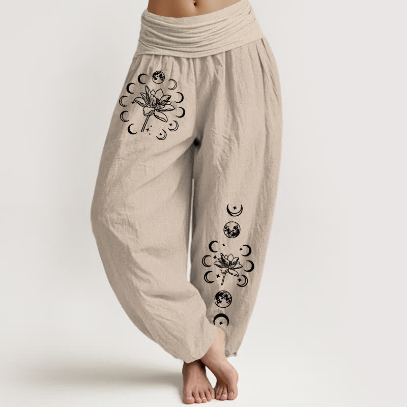 Nimara Ritual Pure Cotton Lotus Moon Phase Pattern Women's Elastic Waist Harem Pants