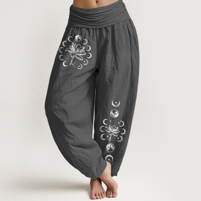 Nimara Ritual Pure Cotton Lotus Moon Phase Pattern Women's Elastic Waist Harem Pants