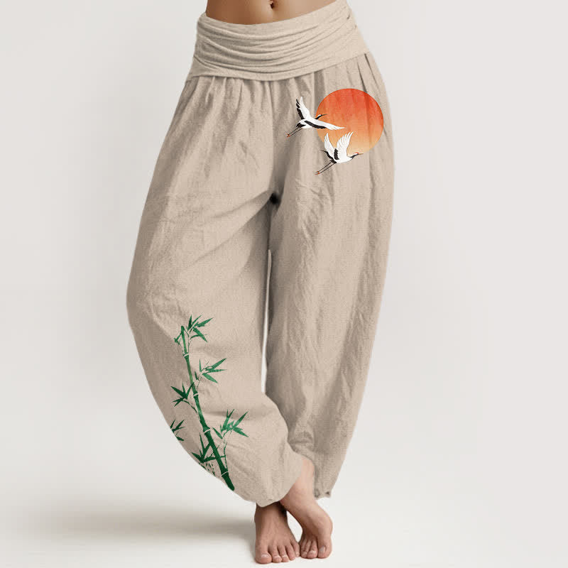 Nimara Ritual Pure Cotton Sun Crane Bamboo Pattern Women's Elastic Waist Harem Pants