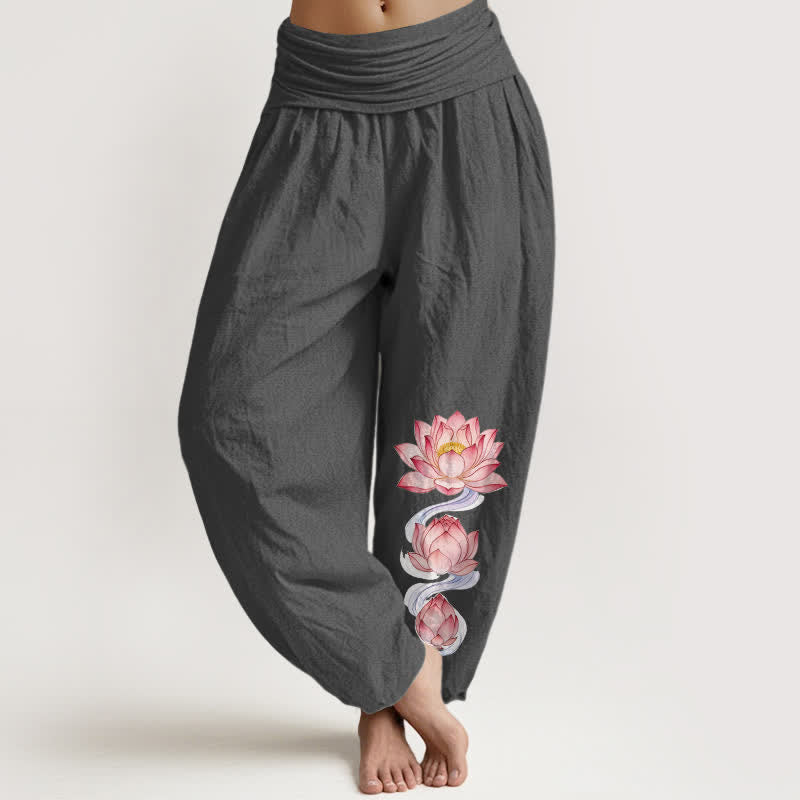Nimara Ritual Pure Cotton Pink Lotus Pattern Women's Elastic Waist Harem Pants
