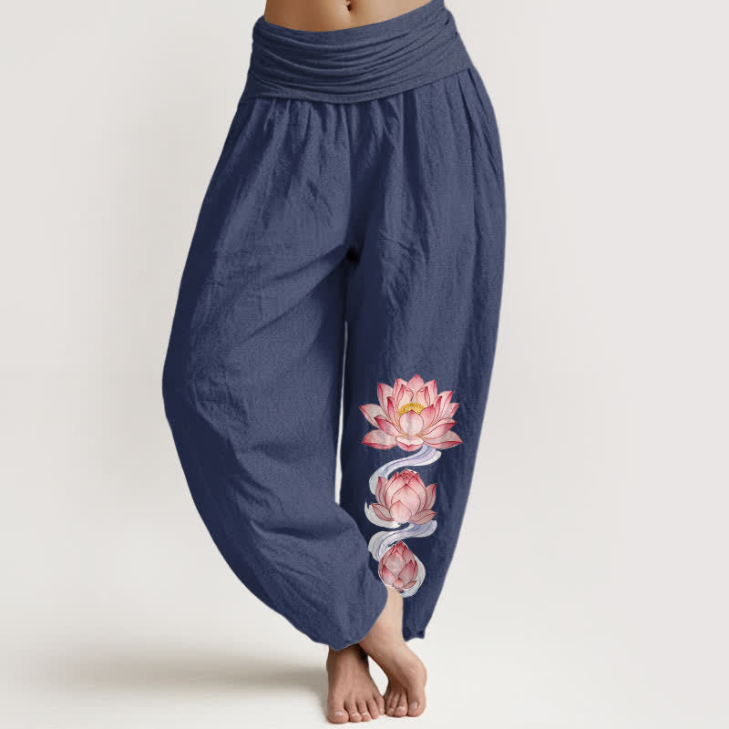 Nimara Ritual Pure Cotton Pink Lotus Pattern Women's Elastic Waist Harem Pants