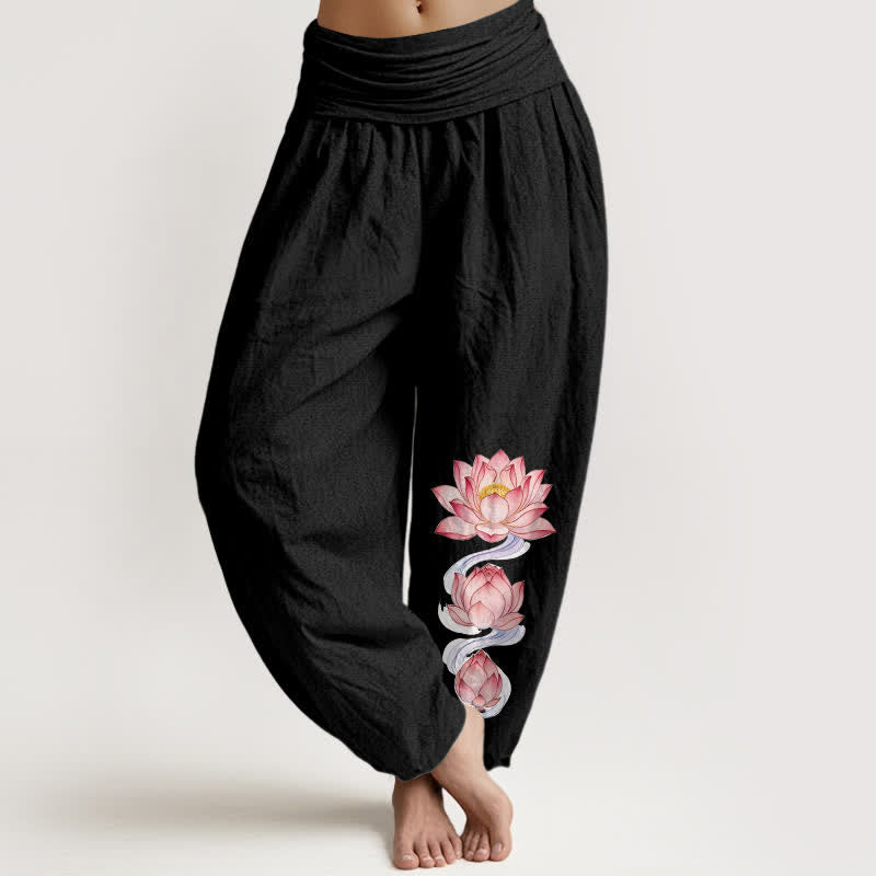 Nimara Ritual Pure Cotton Pink Lotus Pattern Women's Elastic Waist Harem Pants