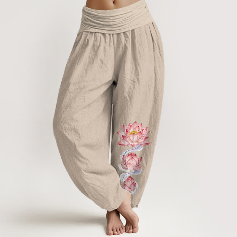 Nimara Ritual Pure Cotton Pink Lotus Pattern Women's Elastic Waist Harem Pants