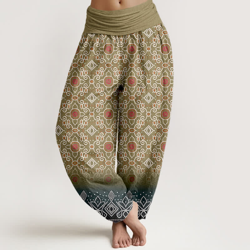 Nimara Ritual Cotton Bohemian Floral Geometric Pattern Women's Elastic Waist Harem Pants