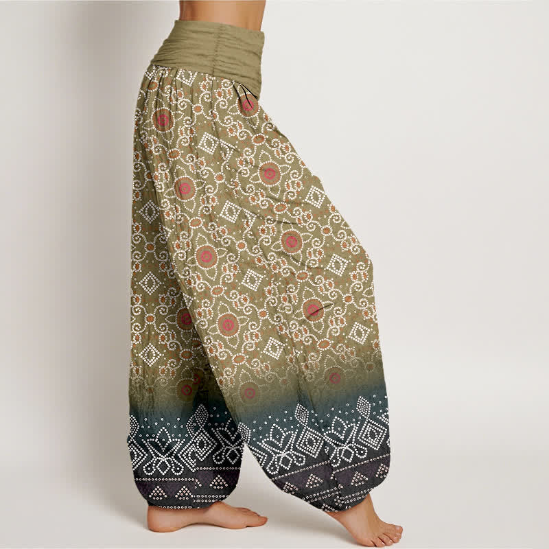 Nimara Ritual Cotton Bohemian Floral Geometric Pattern Women's Elastic Waist Harem Pants