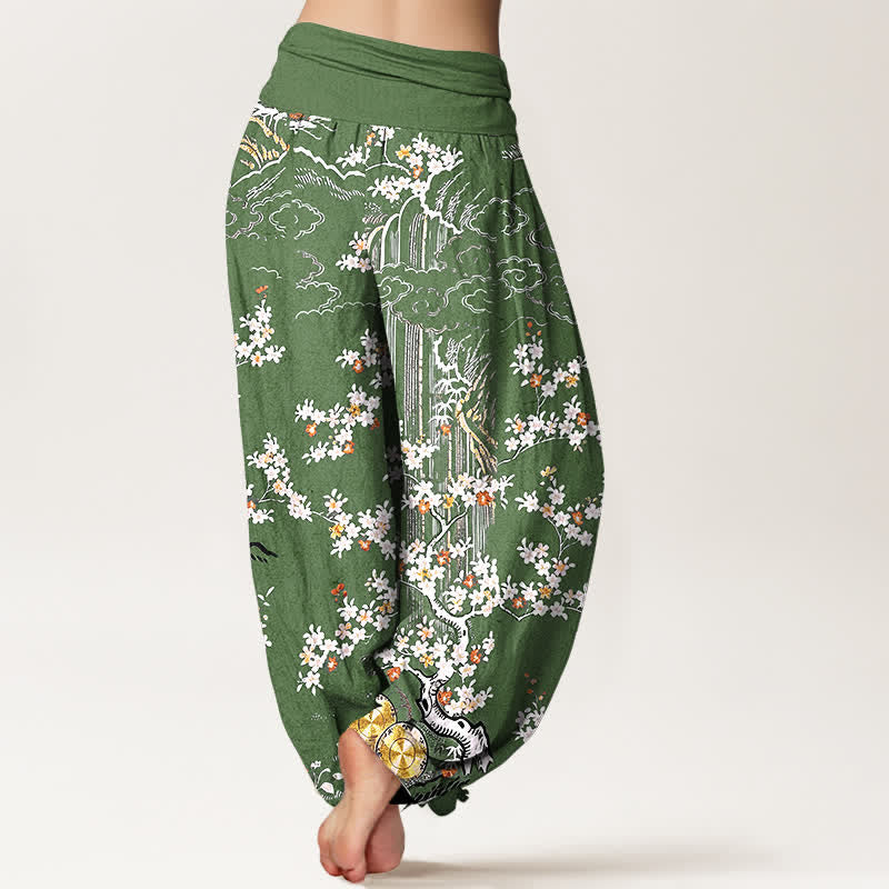 Nimara Ritual Pure Cotton White Floral Vine Auspicious Cloud Pattern Women's Elastic Waist Harem Pants
