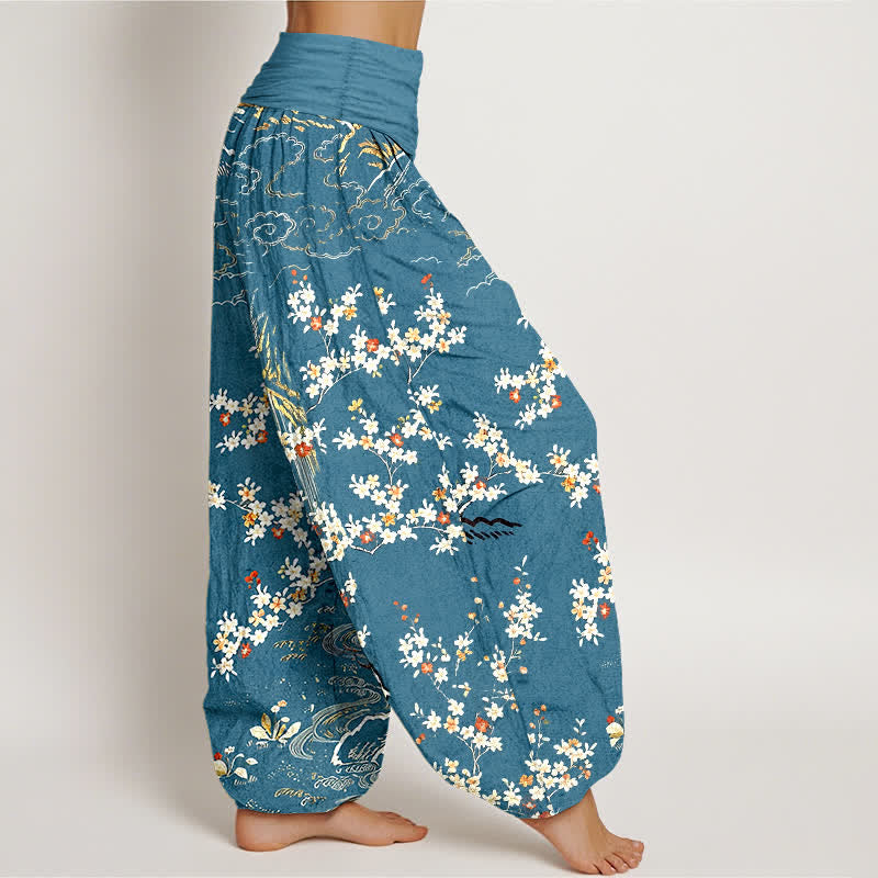 Nimara Ritual Pure Cotton White Floral Vine Auspicious Cloud Pattern Women's Elastic Waist Harem Pants