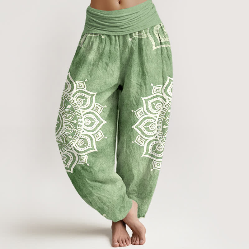 Nimara Ritual Pure Cotton White Mandala Floral Pattern Women's Elastic Waist Harem Pants