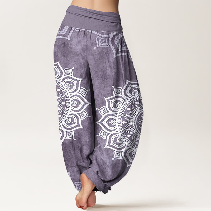Nimara Ritual Pure Cotton White Mandala Floral Pattern Women's Elastic Waist Harem Pants