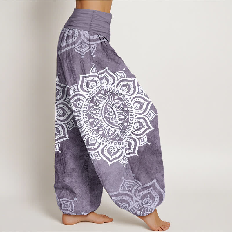 Nimara Ritual Pure Cotton White Mandala Floral Pattern Women's Elastic Waist Harem Pants