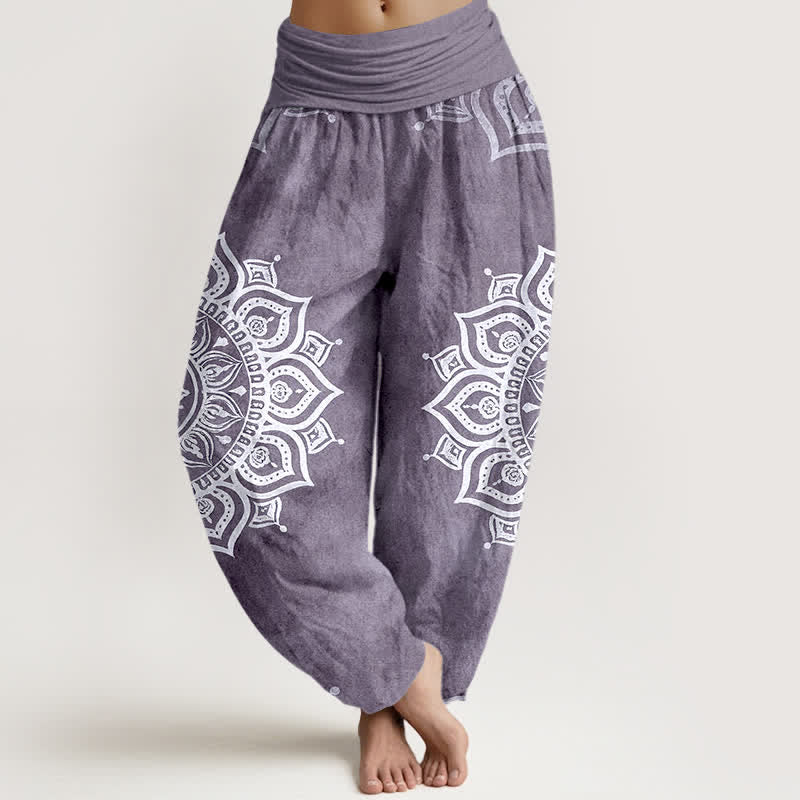 Nimara Ritual Pure Cotton White Mandala Floral Pattern Women's Elastic Waist Harem Pants