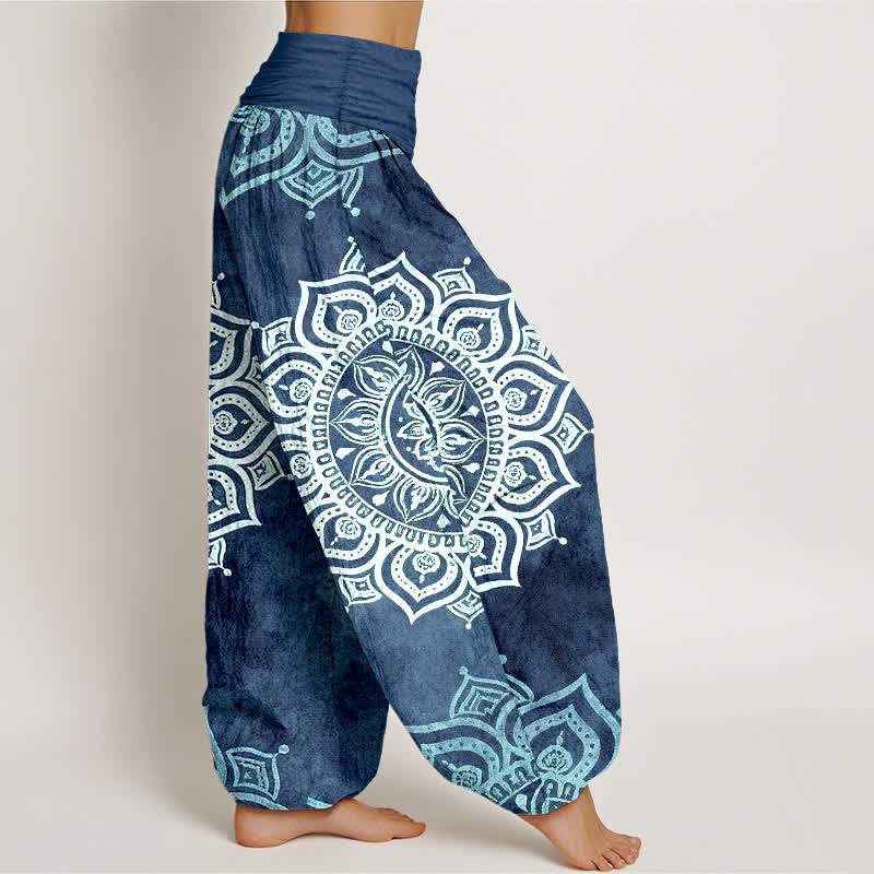 Nimara Ritual Pure Cotton White Mandala Floral Pattern Women's Elastic Waist Harem Pants