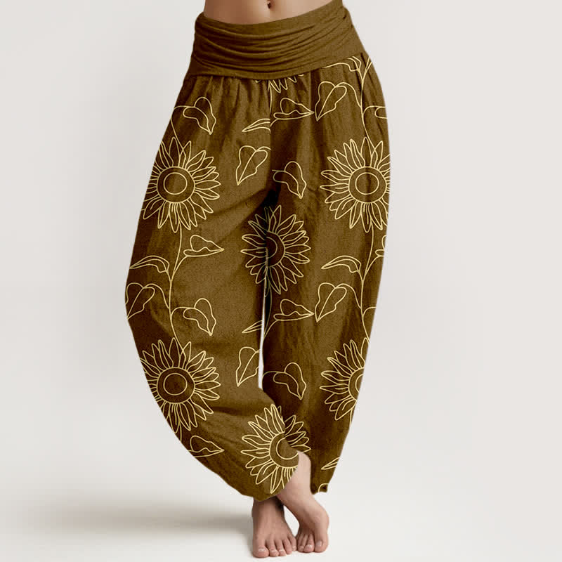 Nimara Ritual Cotton Gold Sunflower Line Art Pattern Women's Elastic Waist Harem Pants