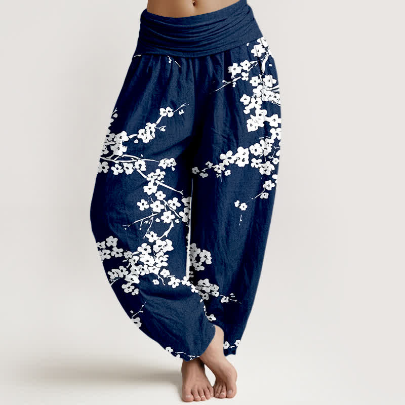 Nimara Ritual Pure Cotton White Blossom Branch Pattern Women's Elastic Waist Harem Pants