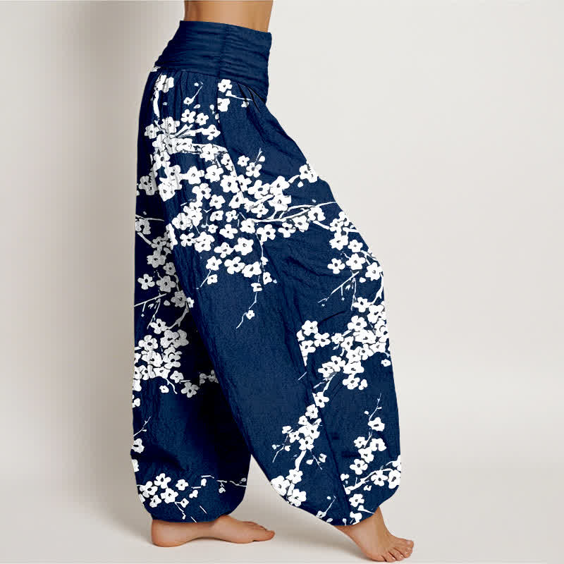 Nimara Ritual Pure Cotton White Blossom Branch Pattern Women's Elastic Waist Harem Pants