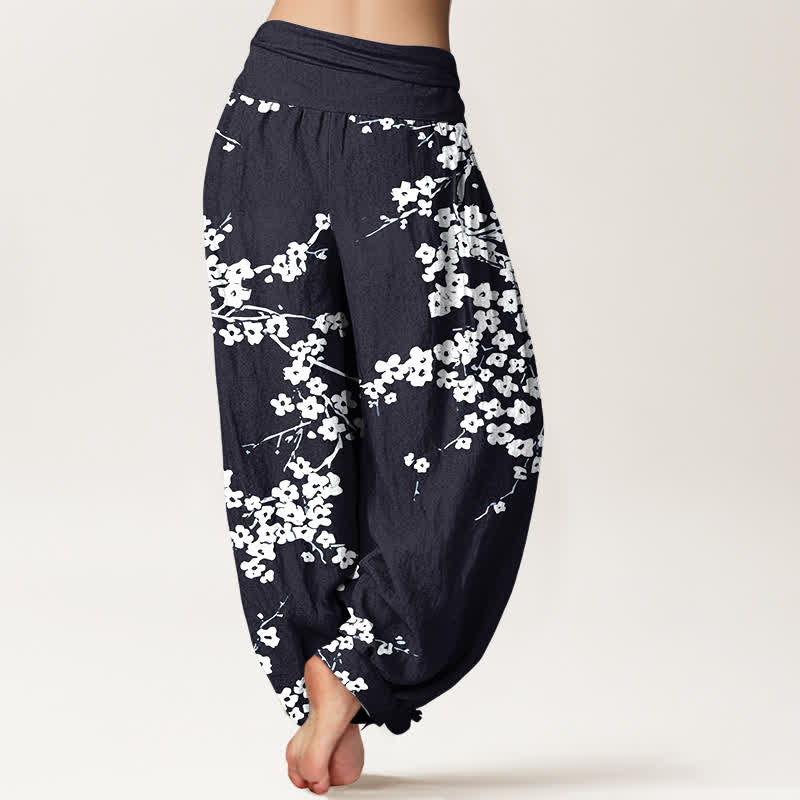 Nimara Ritual Pure Cotton White Blossom Branch Pattern Women's Elastic Waist Harem Pants