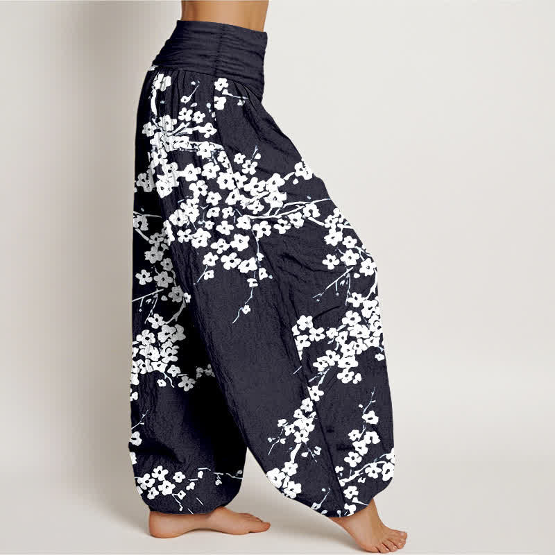Nimara Ritual Pure Cotton White Blossom Branch Pattern Women's Elastic Waist Harem Pants