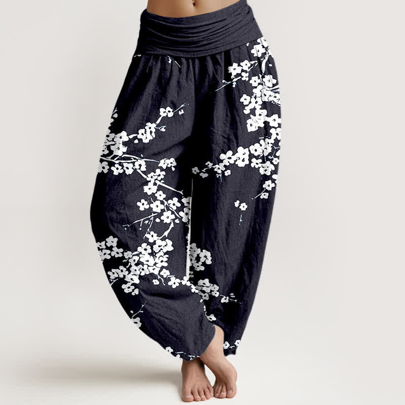 Nimara Ritual Pure Cotton White Blossom Branch Pattern Women's Elastic Waist Harem Pants