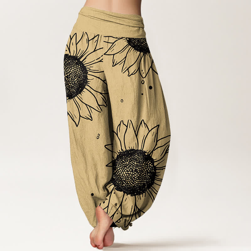 Nimara Ritual Pure Cotton Sunflower Bloom Pattern Women's Elastic Waist Harem Pants