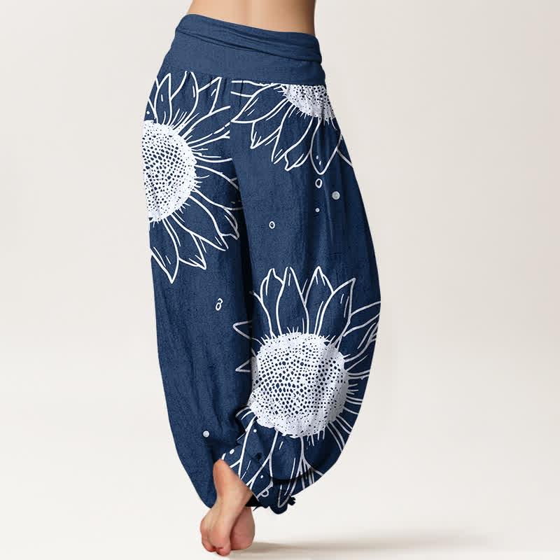 Nimara Ritual Pure Cotton Sunflower Bloom Pattern Women's Elastic Waist Harem Pants