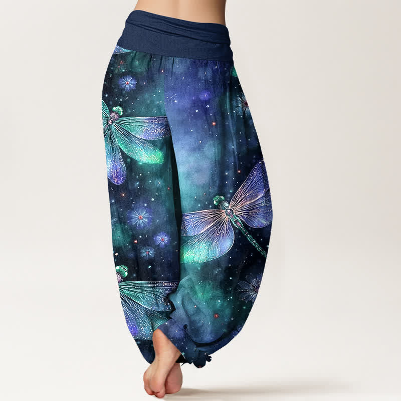 Nimara Ritual Cotton Dreamy Dragonfly Flower Pattern Women's Elastic Waist Harem Pants