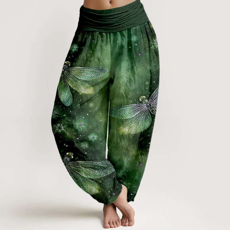 Nimara Ritual Cotton Dreamy Dragonfly Flower Pattern Women's Elastic Waist Harem Pants