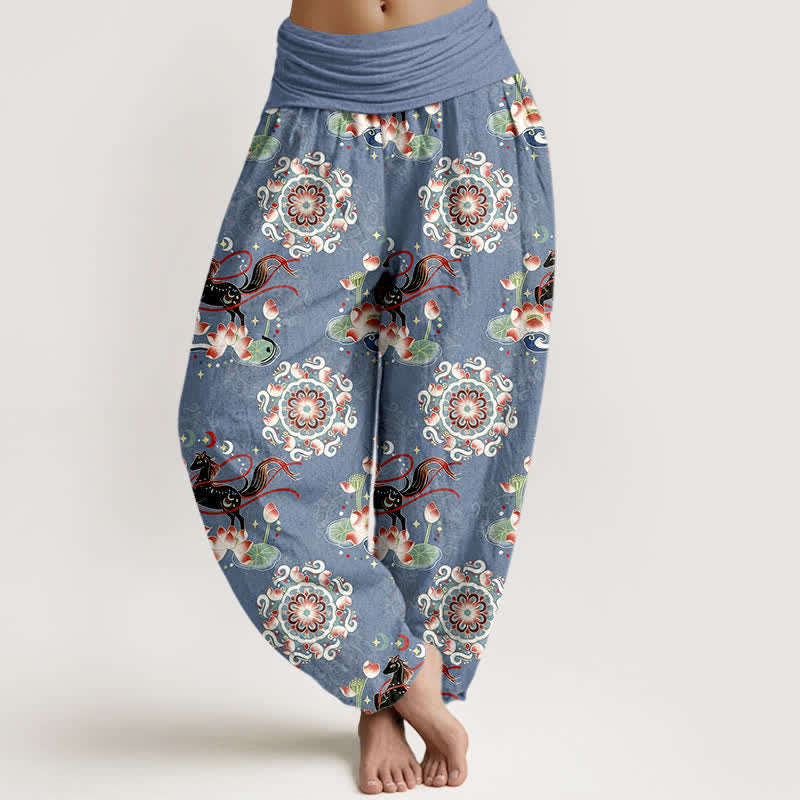 Nimara Ritual Pure Cotton Horse, Lotus And Mandala Pattern Women's Elastic Waist Harem Pants