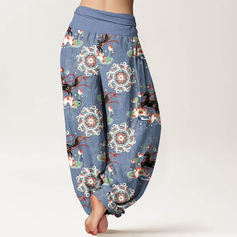 Nimara Ritual Pure Cotton Horse, Lotus And Mandala Pattern Women's Elastic Waist Harem Pants
