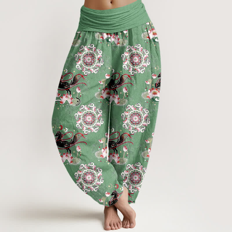 Nimara Ritual Pure Cotton Horse, Lotus And Mandala Pattern Women's Elastic Waist Harem Pants