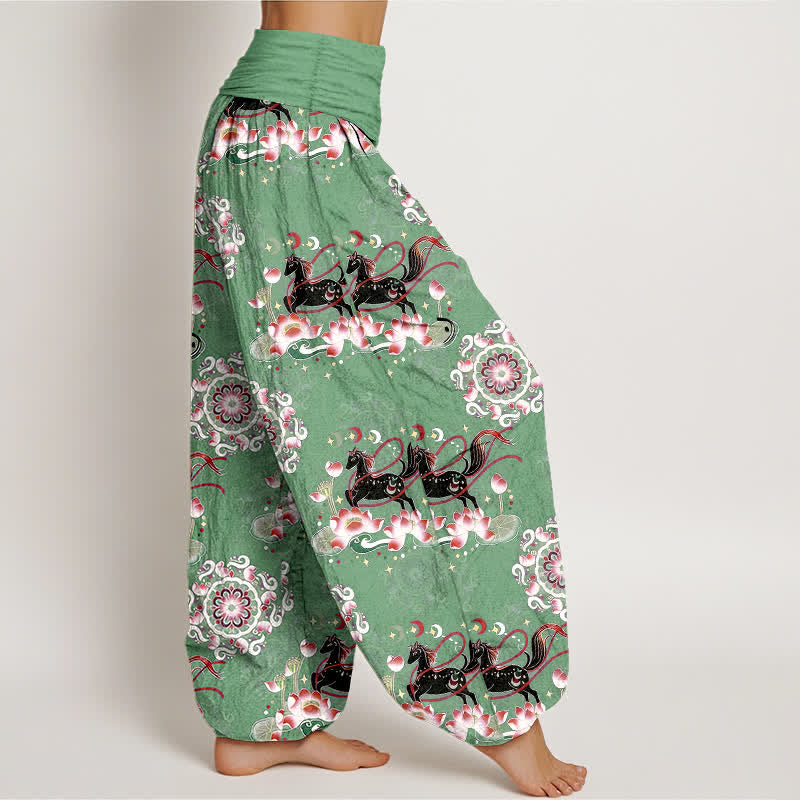 Nimara Ritual Pure Cotton Horse, Lotus And Mandala Pattern Women's Elastic Waist Harem Pants