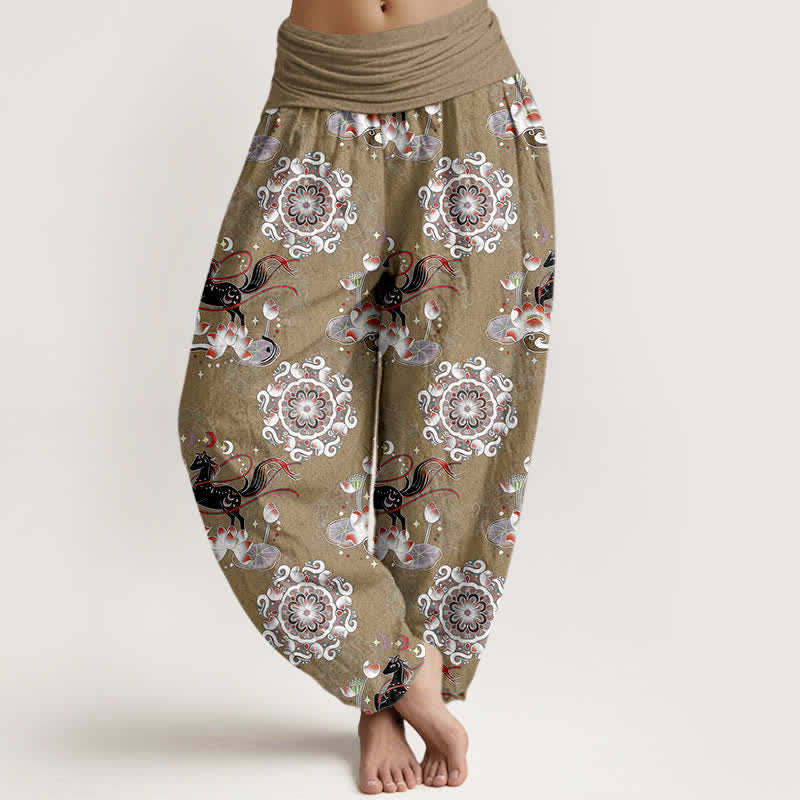 Nimara Ritual Pure Cotton Horse, Lotus And Mandala Pattern Women's Elastic Waist Harem Pants