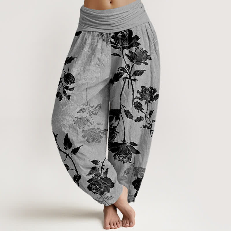 Nimara Ritual Cotton Vintage Rose Pattern Women's Elastic Waist Harem Pants