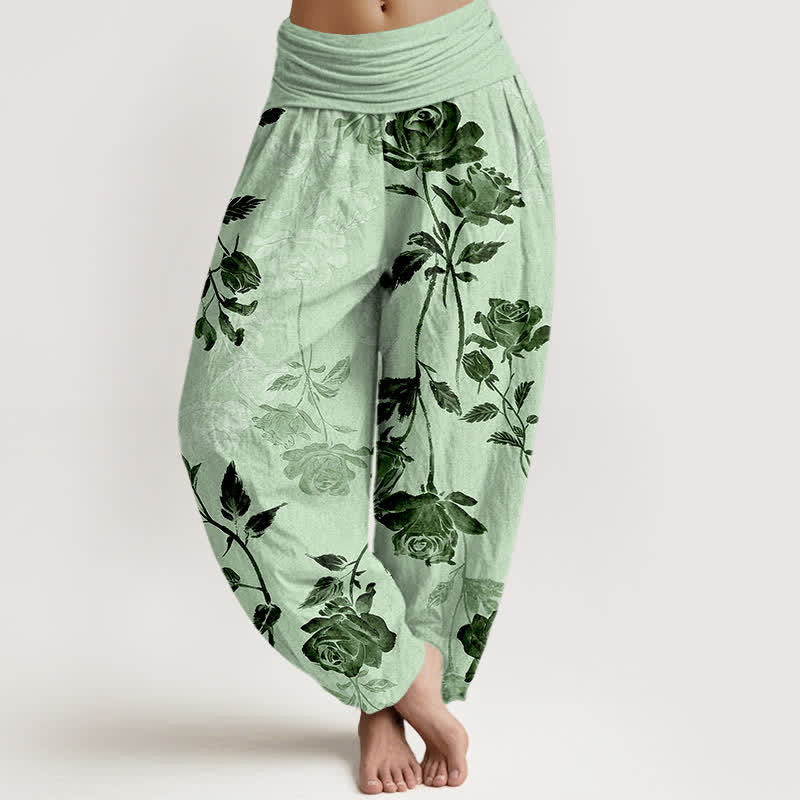 Nimara Ritual Cotton Vintage Rose Pattern Women's Elastic Waist Harem Pants