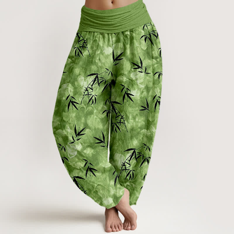 Nimara Ritual Pure Cotton Black Bamboo Leaf Pattern Women's Elastic Waist Harem Pants