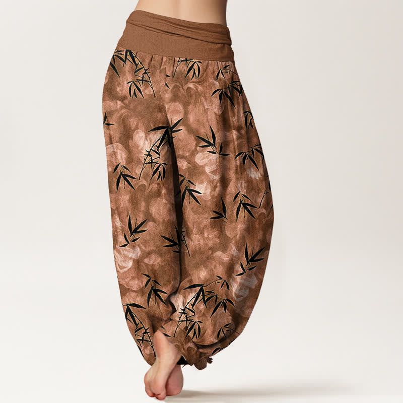 Nimara Ritual Pure Cotton Black Bamboo Leaf Pattern Women's Elastic Waist Harem Pants