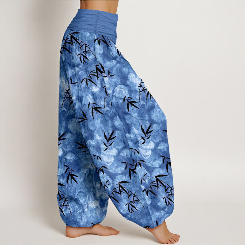 Nimara Ritual Pure Cotton Black Bamboo Leaf Pattern Women's Elastic Waist Harem Pants