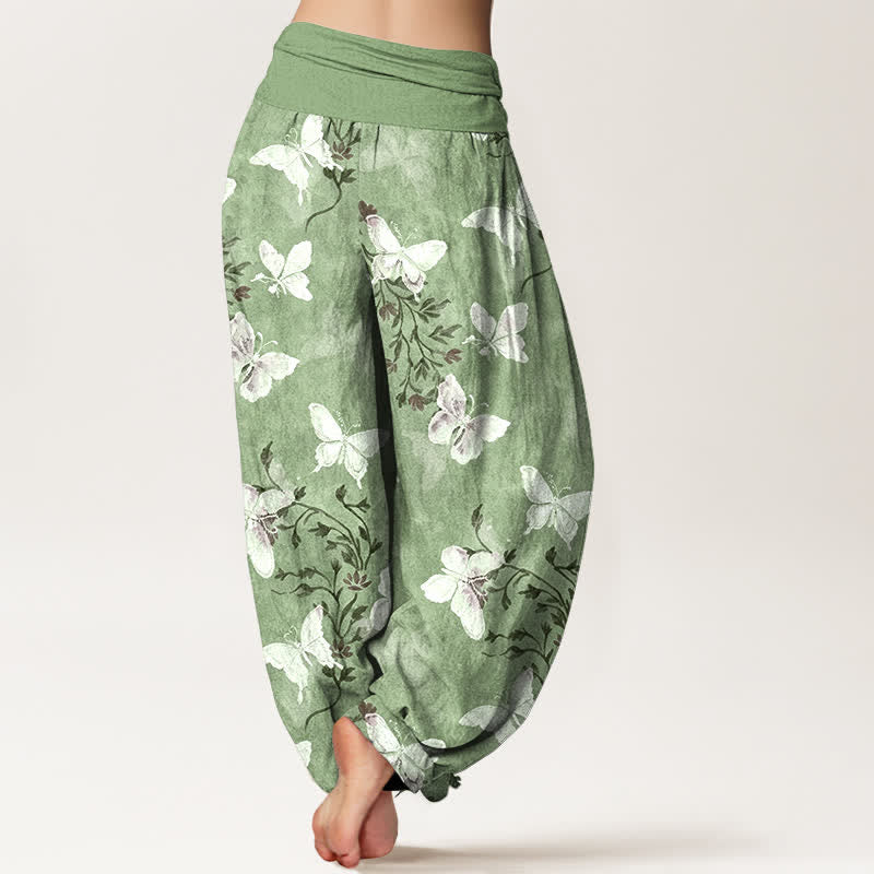 Nimara Ritual Cotton White Butterfly Floral Pattern Women's Elastic Waist Harem Pants