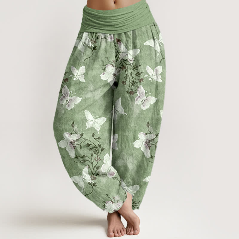 Nimara Ritual Cotton White Butterfly Floral Pattern Women's Elastic Waist Harem Pants